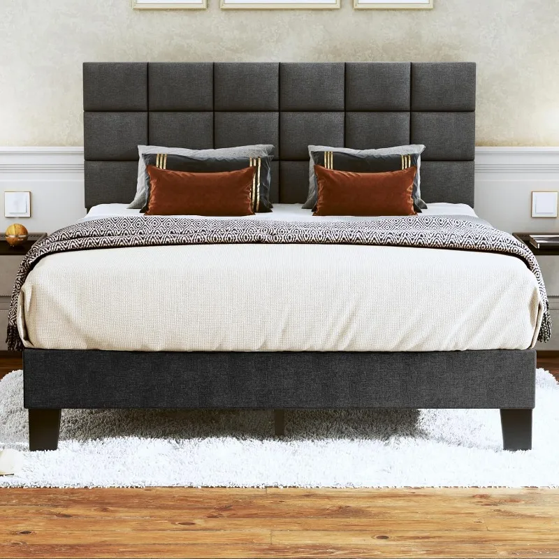 

Queen Bed Frame Upholstered Platform with Adjustable Headboard Linen Fabric Tufted Wooden Slats Support, Dark Grey