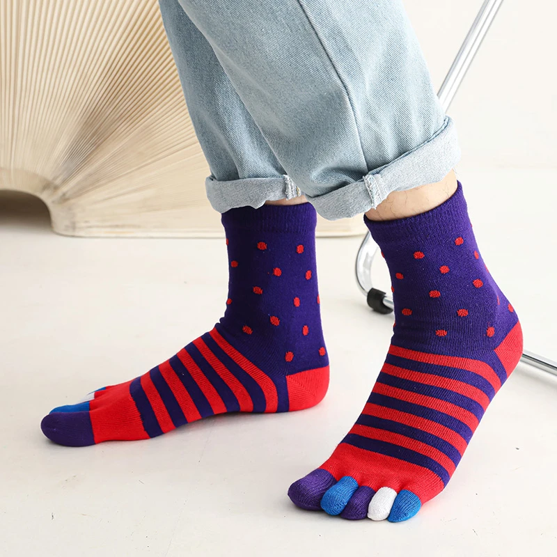 Large Size Five-Finger Socks Man Cotton Striped Dot Patchwork Colorful Business Fashions Sweat-Absorbing Toe Happy Socks Plus