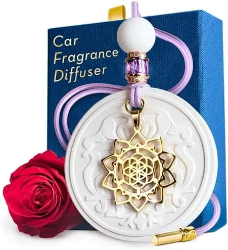 

Luxury Rose Scent Car Air Freshener for Women – Refillable Mandala Gold Diffuser with Mirror Hang & Vent Clip
