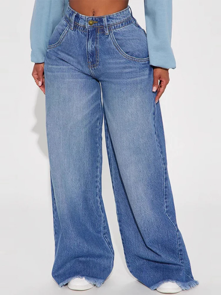 

Tassel Women Baggy Jeans Low Waist Wide Leg Pockets Denim Trousers Light Blue Washed Dragging Lady High Street 2025 Summer Pants