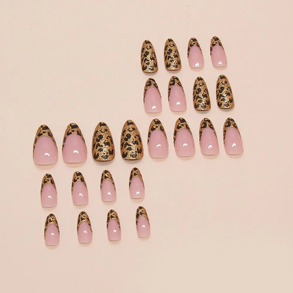 Uñas postizas de copo de nieve de Navidad, perlas de amor, concha de mariposa 3D, presione en las uñas, leopardo dorado con pegatinas de gelatina, 24, 30 piezas por caja