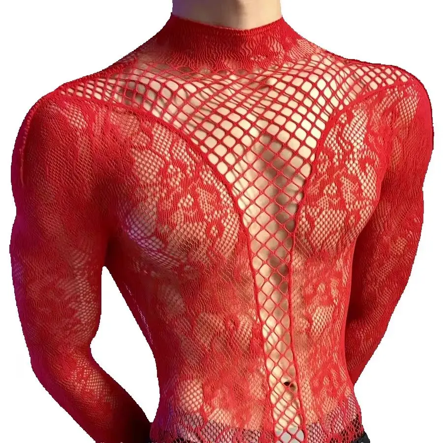 Men's Christmas Bodysuits Male Long Sleeved Uniforms Autumn Winter Underwear Fetish Breathable Gentlemen Mesh Clothes White Red