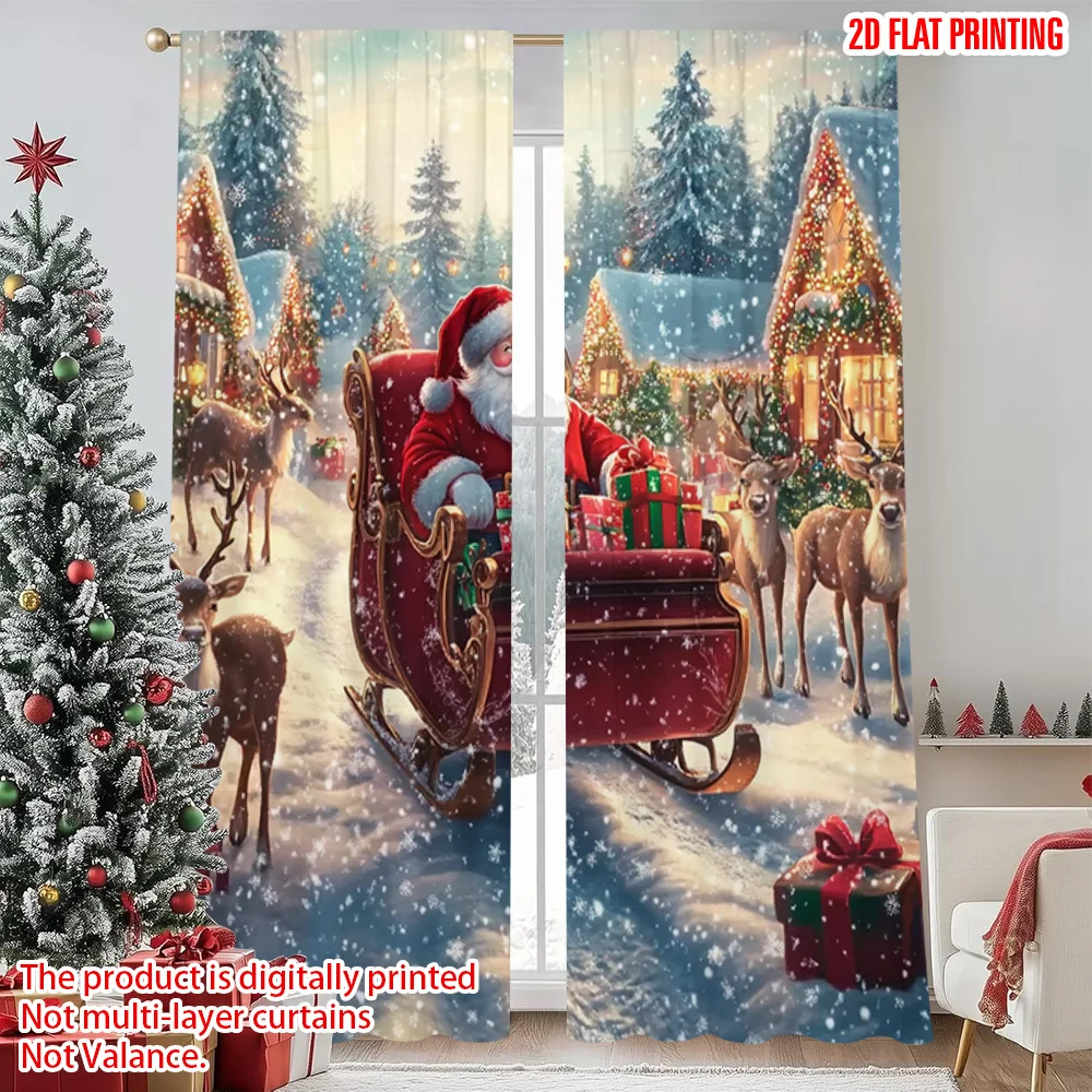 

2pcs 2D flat printing Merry Christmas Party Curtains Christmas sleigh Versatile Durable Polyester Without Electricity Holiday