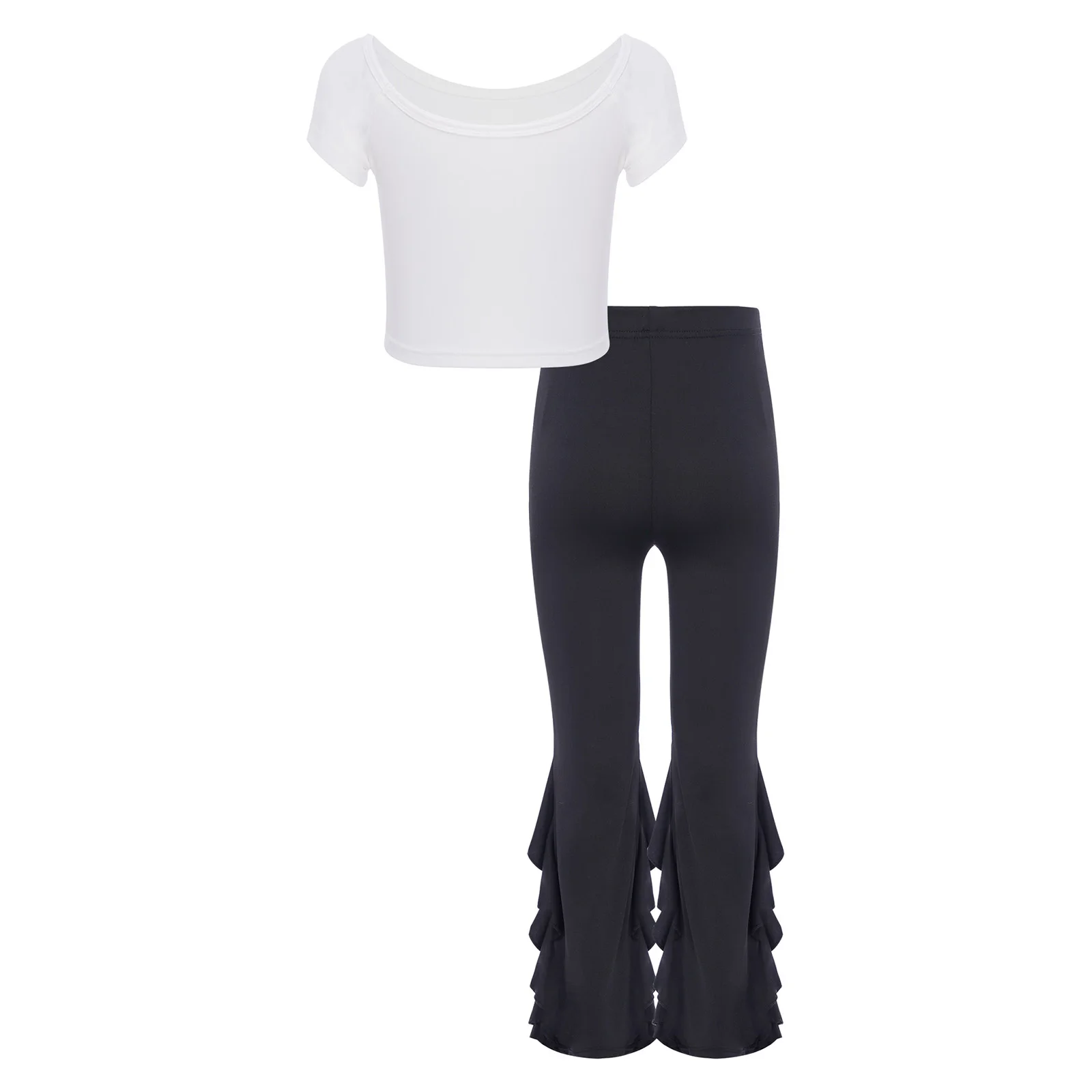 Kids Girls Fashion Clothes Outfit 2Pcs Short Sleeve Scoop Neck Letter Printed Top with Lace Patchwork Ruffled Bell-Bottom Pants