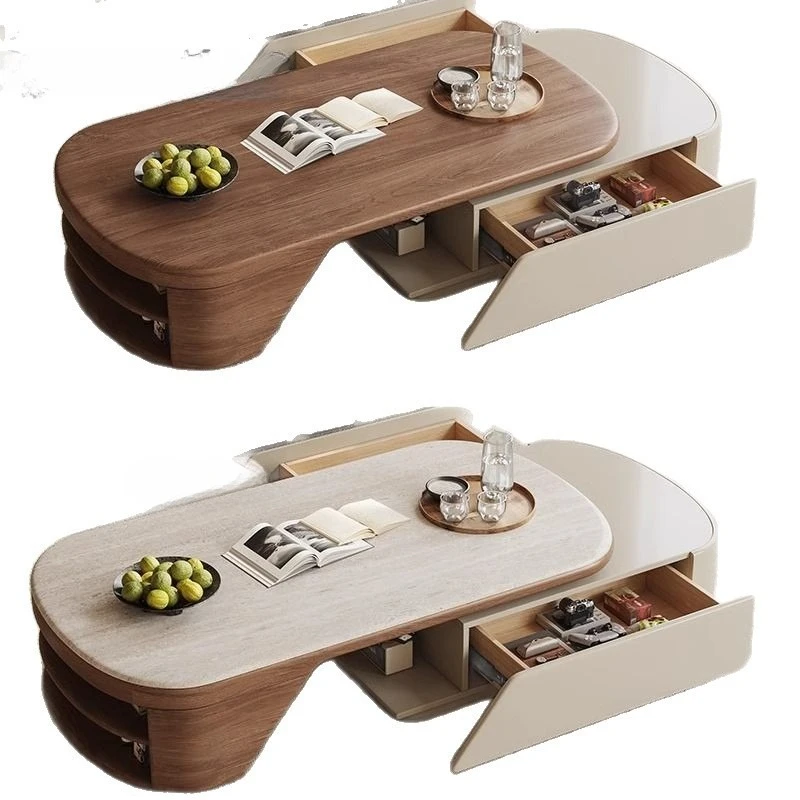 

New modern simple small apartment rock slab coffee table living room home retractable storage tea table walnut