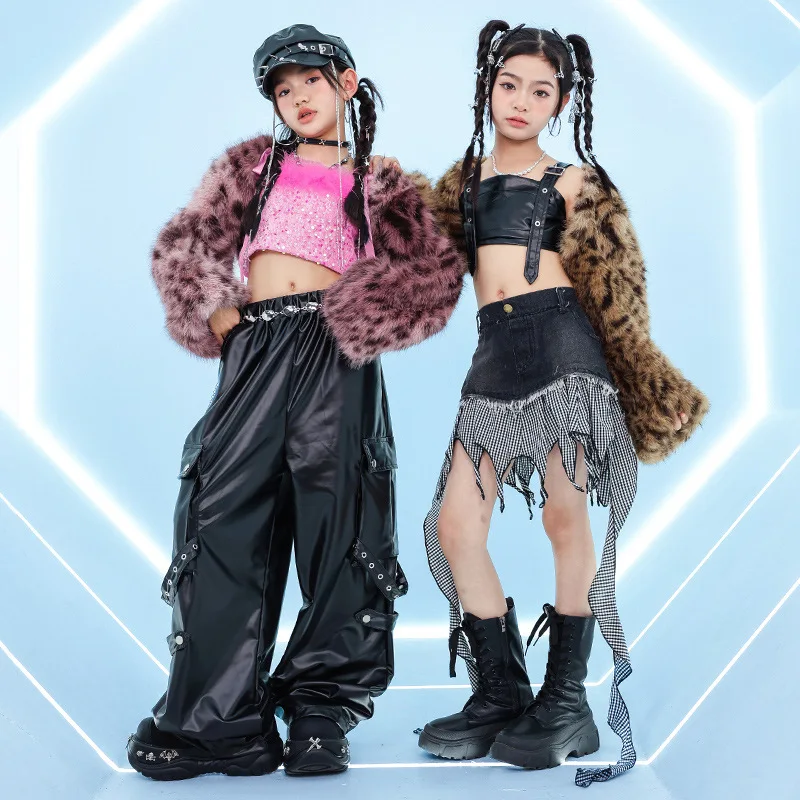 女の子 Kpop 衣装ジャズダンスショーパフォーマンスウェアヒョウコート黒パンツ子供ファッションランアウェイステージ服ストリートウェア VDL4966