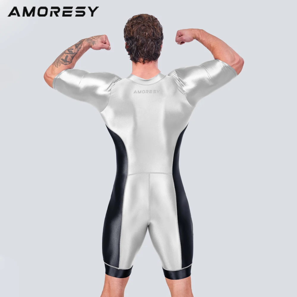 AMORESY Men Glossy Shiny One Piece Triathlon Swimming Running Overalls Road Mountain Bodysuit Racing Cycling Tracksuits Jumpsuit