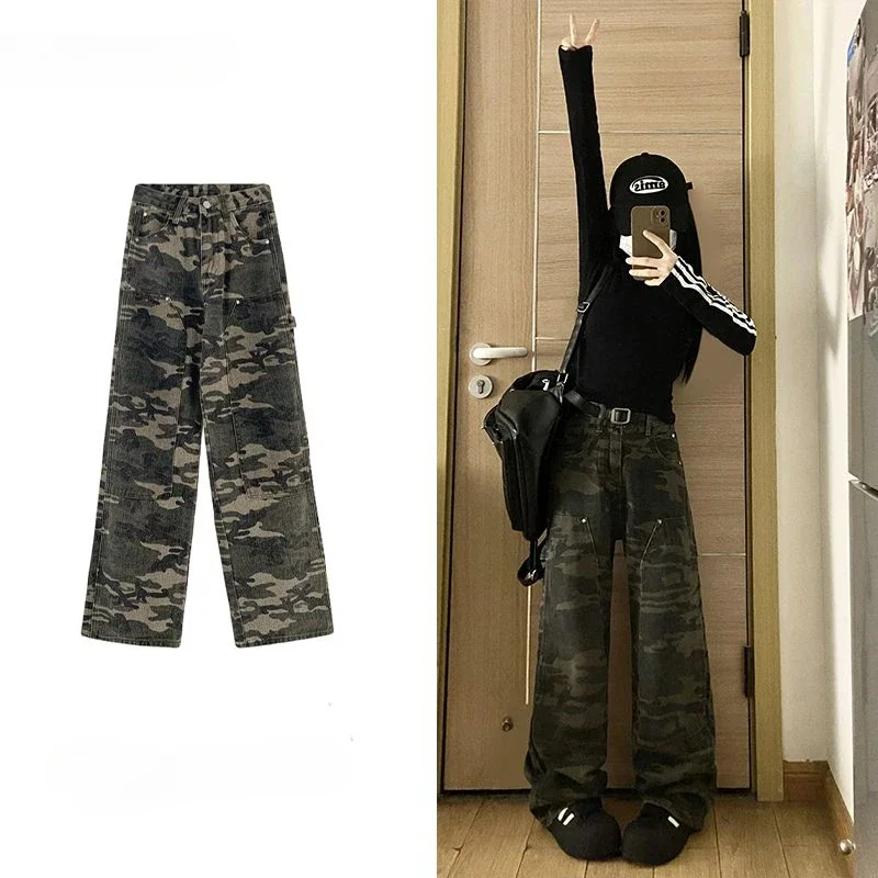 

Military Green Camouflage Cargo Pants Women Jeans Y2K Loose Wide Leg High-waisted American Casual Vintage Straight Trouser