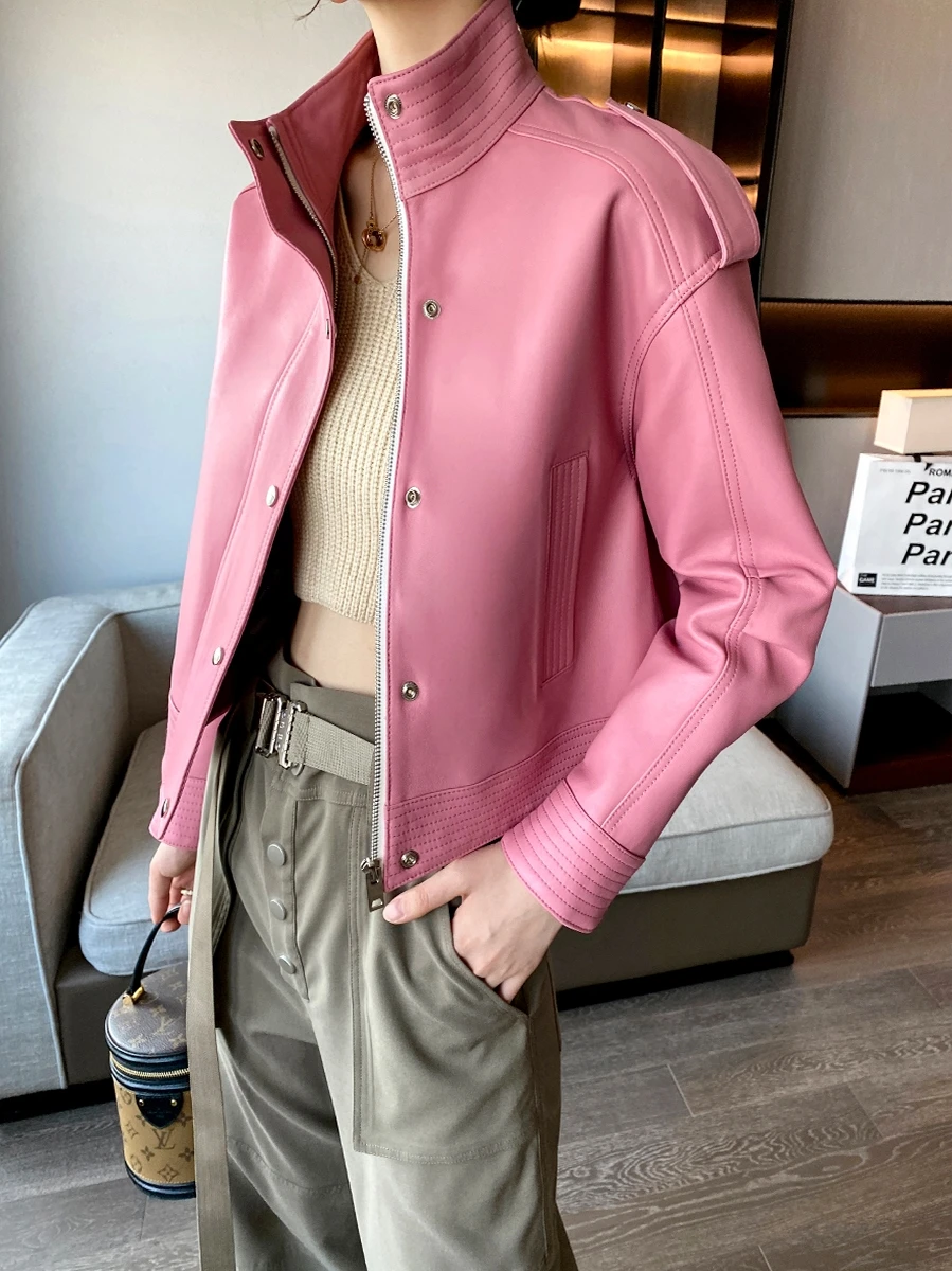 2024 New High End Light Coated Real Sheepskin Short Casual Coat Pink Genuine Leather Jacket Women Fashion Clothing