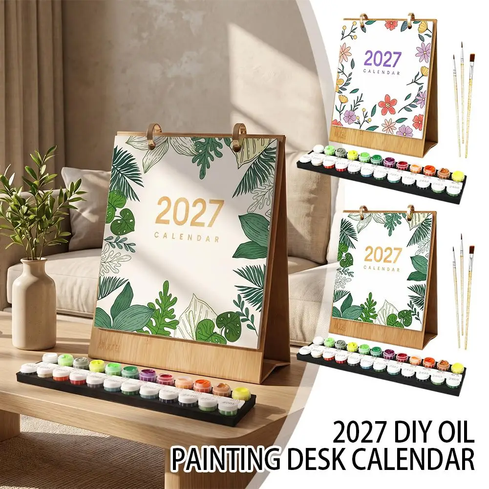 2027 DIY Paint by Numbers Desk Calendar - Plant Theme Painting Kit with Wooden Stand & Acrylic Paints Unique Gift for New Year