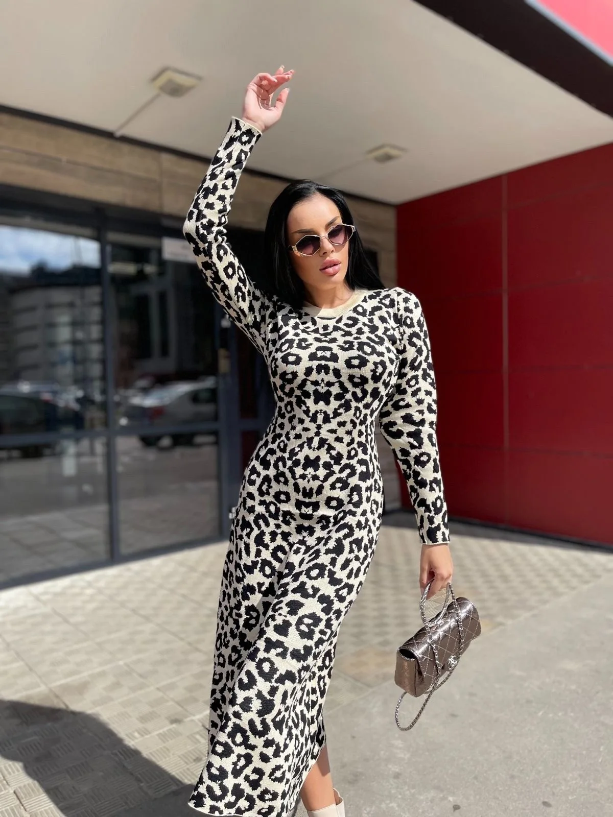 Fashion Leopard Knitted Women Dress Autumn Winter O-neck Long Sleeve Slim Long Dress New Tight Streetwear Female Clothes 2025