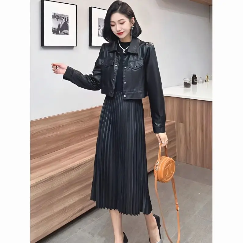 2023 Spring and Autumn New Leather Coat+Elastic Dress Set for Women Autumn Pleated Skirt Two Piece Set for Women