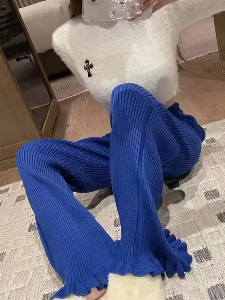 

Autumn Winter Women's Wide Leg Pants Full-length High Waisted Knitted Straight Trousers Solid White Loose Pants for Women 2024