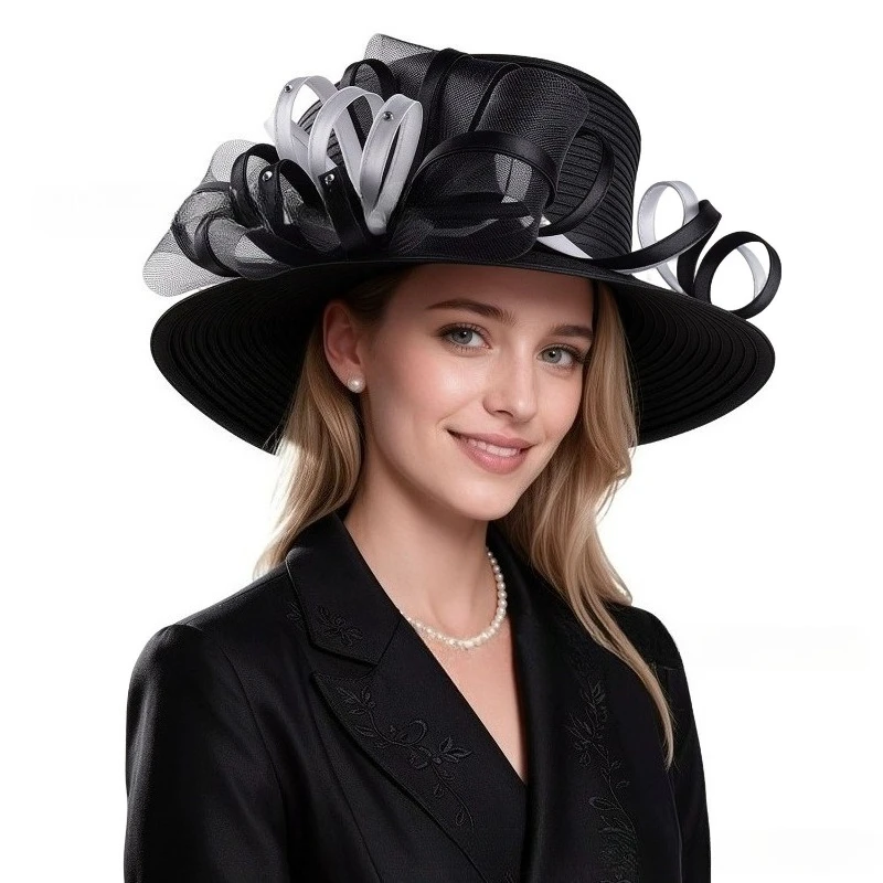 Lady Cocktail Tea Party Dress Derby Fedora Wedding White Hat Church Elegant Bow Flower Caps For Women Wide Brim Flat cap