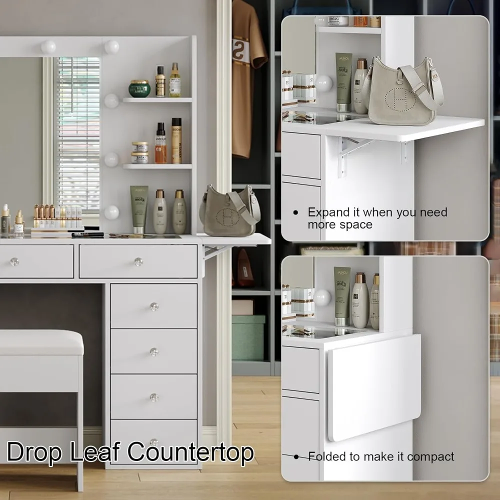 مكتب مع مخرج طاقة، طاولة مكياج 47 بوصة مع مرآة و12 مصباح LED، 3 أوضاع إضاءة ملونة، 11 درجًا للمكياج