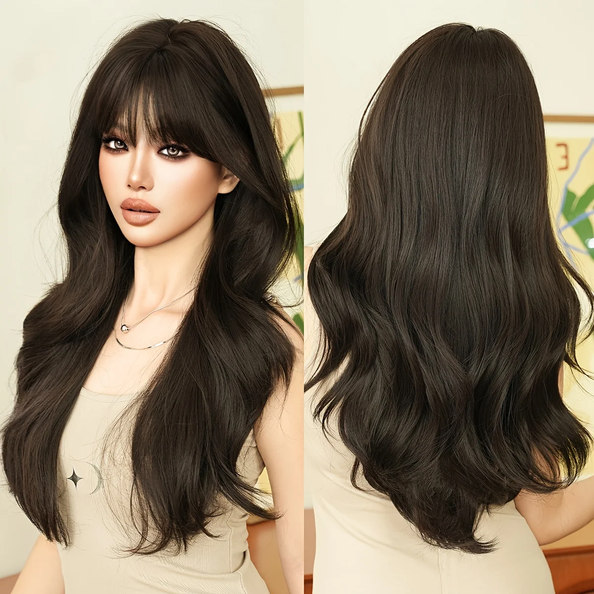 

Elegant Dark Brown Wavy Wig with Bangs - Natural Looking, High Density Synthetic Hair Wig