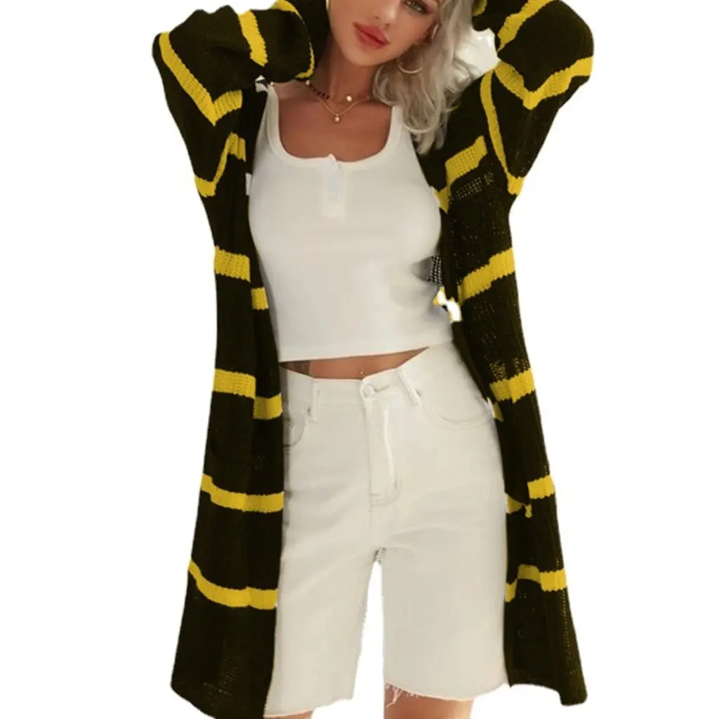 

Women's Loose Large Size Mid-Length V-Neck Striped Sweater Knitted Cardigan Coat Long Sleeve Autumn Winter New