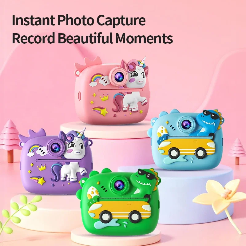 كاميرا طباعة فورية ملونة خضراء لطيفة مع بطاقة SD كاميرا طباعة فيديو صغيرة مع ورق صور هدية للأولاد والبنات