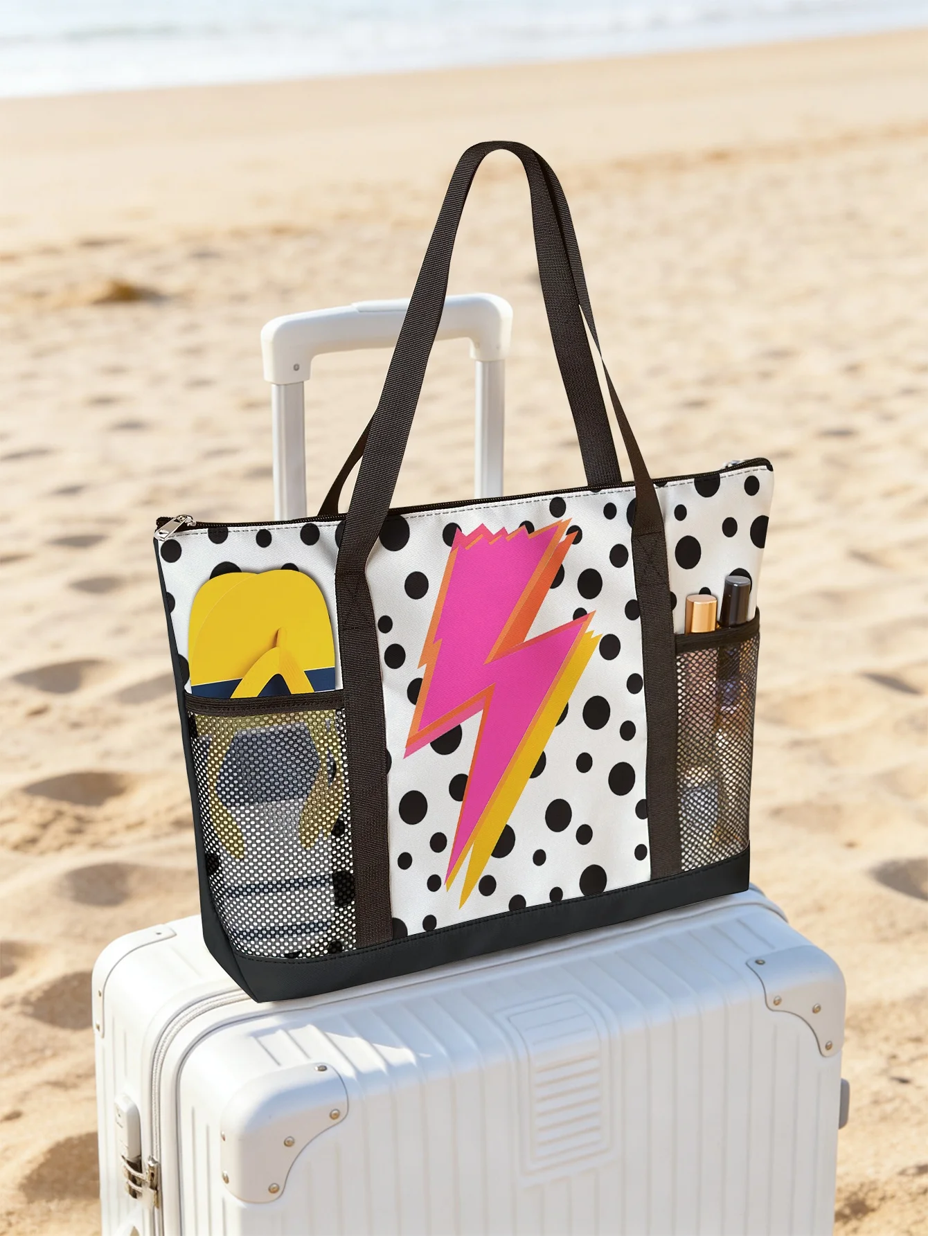 

Сумка с контрастным принтом в виде волнистых точек, вместительная женская пляжная сумка, водонепроницаемая дорожная сумка через плечо с сетчатыми карманами.