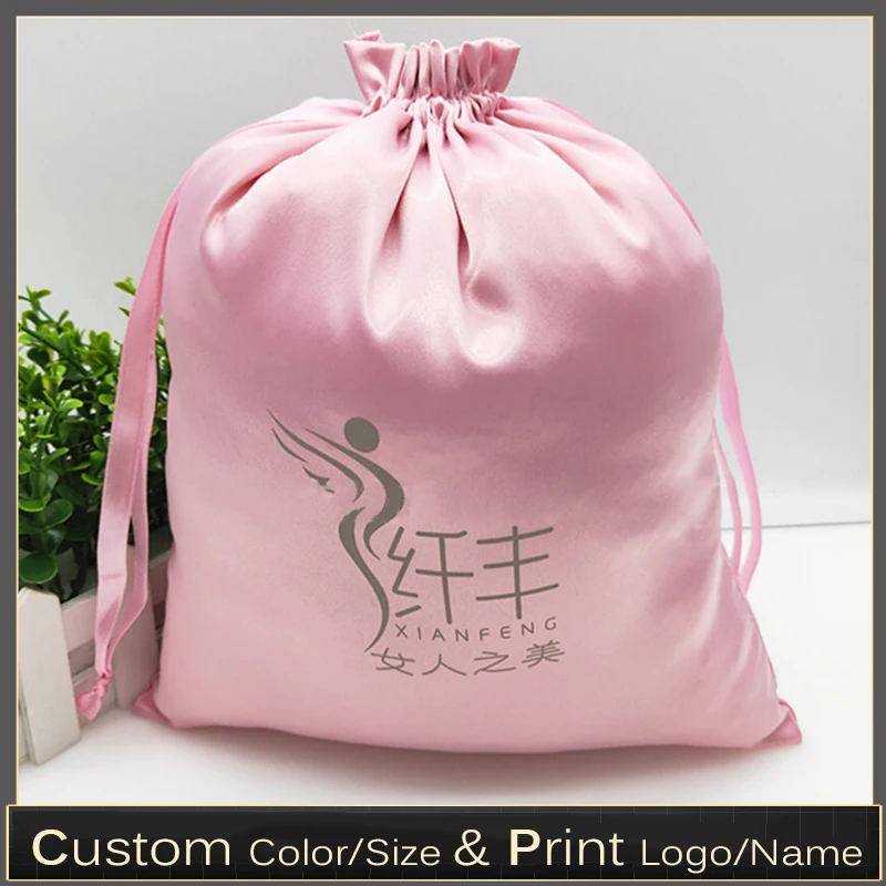 25x35cm High Quality Shiny Satin Storage Bag Shoes Clothes Dust Bag Wig Hat Ribbon Silk Drawstring Bag Custom Logo Wholesale