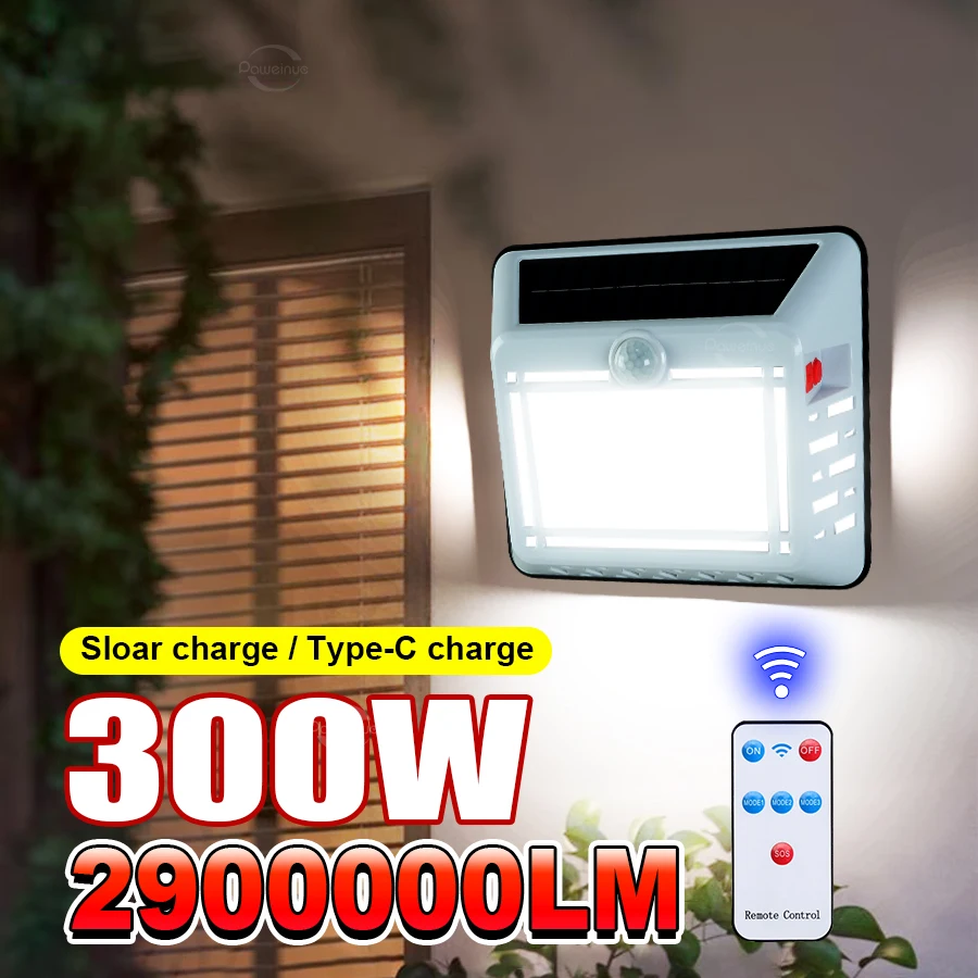 300W Solar Light for Outdoor Wall Light 8m Motion Sensor Solar Security Lamps Waterproof Solar Spotlight Garden Garage Door Lamp