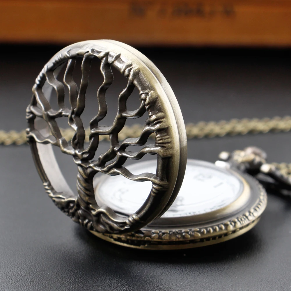 Bronze Life Tree Design Antique Quartz Pocket Watch with Pendant Necklace fob Clock Watch Gifts for Men Women