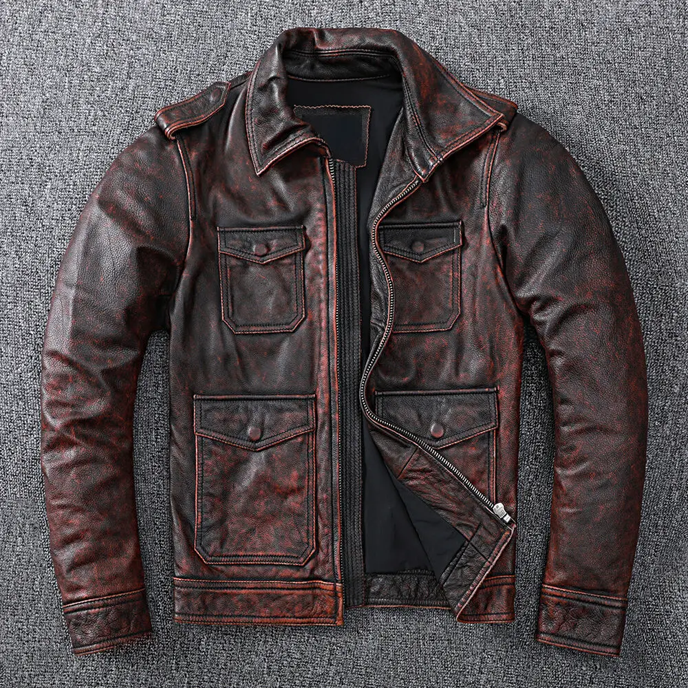 

Free Shipping Vintage Brown Genuine Leather Jacket Men Natural Cowhide High Quality Coat Hunting Clothes Style