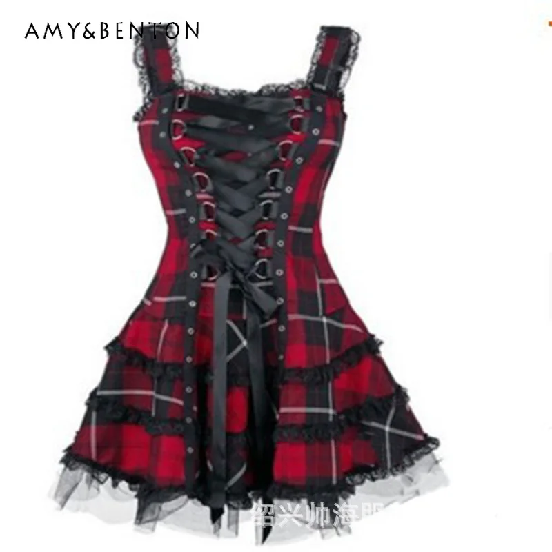

2025 Summer New Plaid Print Sweet Lace Trim Women's Dress Vintage Design Lock Buckle Tie Sleeveless Mesh Midi Dresses Ladies