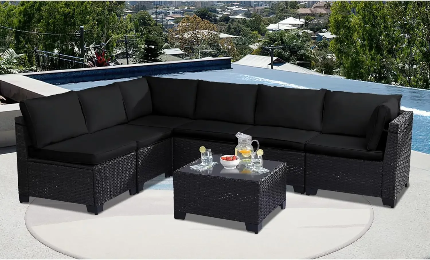 [무료 배송, 특가! ]파티오 가구 세트, 7피스 모듈식 야외 단면 소파, PE 라탄 파티오 대화 세트, 모든 날씨에 적합