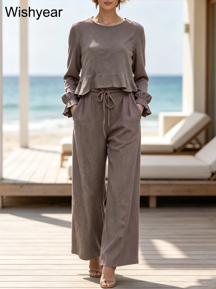 Elegant Women’s Mauve Two Piece Outfit Ruffled Hem Top and Drawstring High Waist Wide Leg Pants Fashion Vacation Streetweer