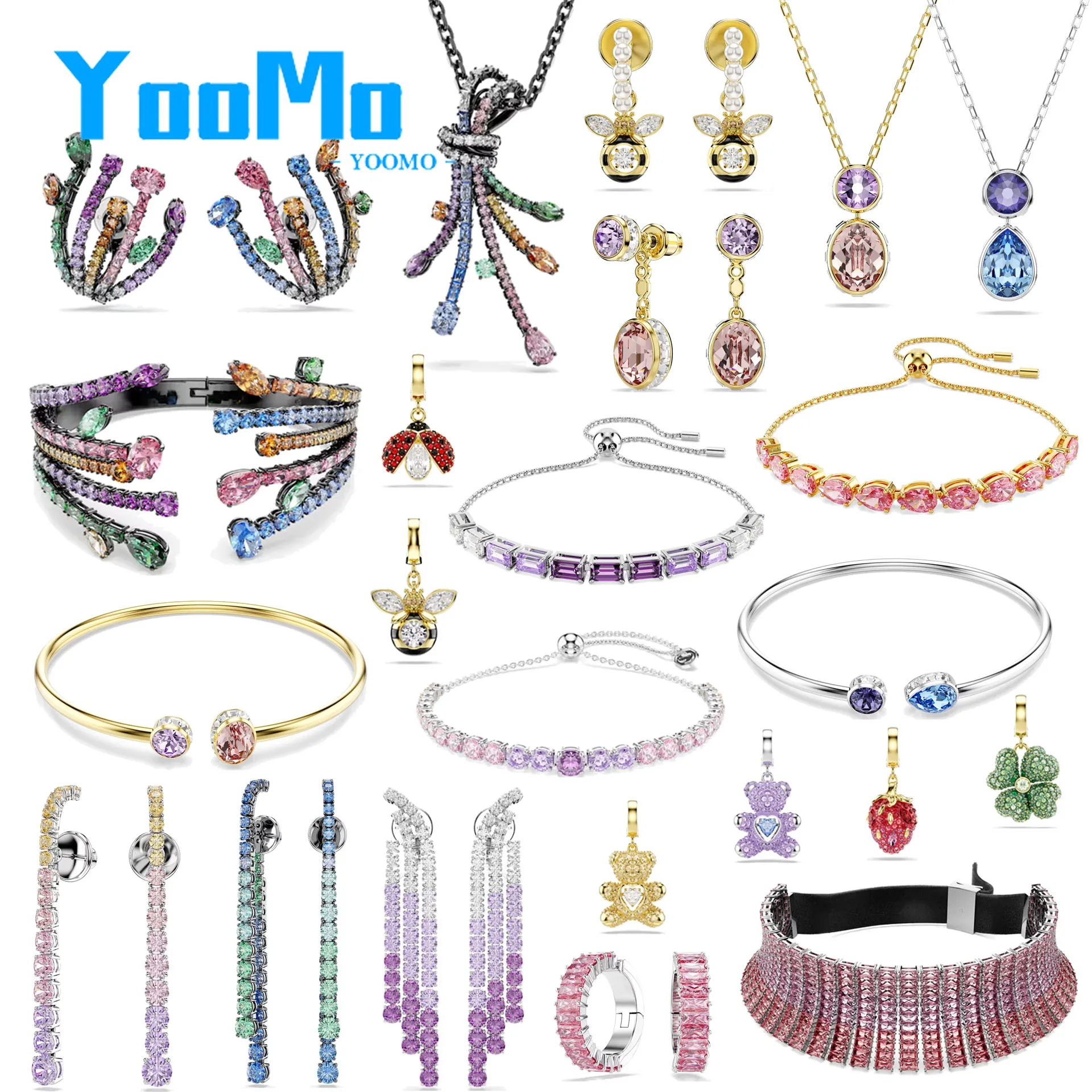 

Pink Purple Jewelry Set Stainless Steel Necklace Bracelet Ring Charm Luxury Geometric Tassel Earrings Fine Romantic Women's Gift