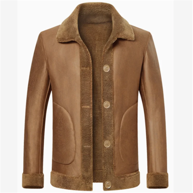 

Men Imitation Lamb Wool Jacket Casual Turndown Collar Thick Warm Outerwear Winter Single-Breasted Pocket Double-Sided Wear Coat