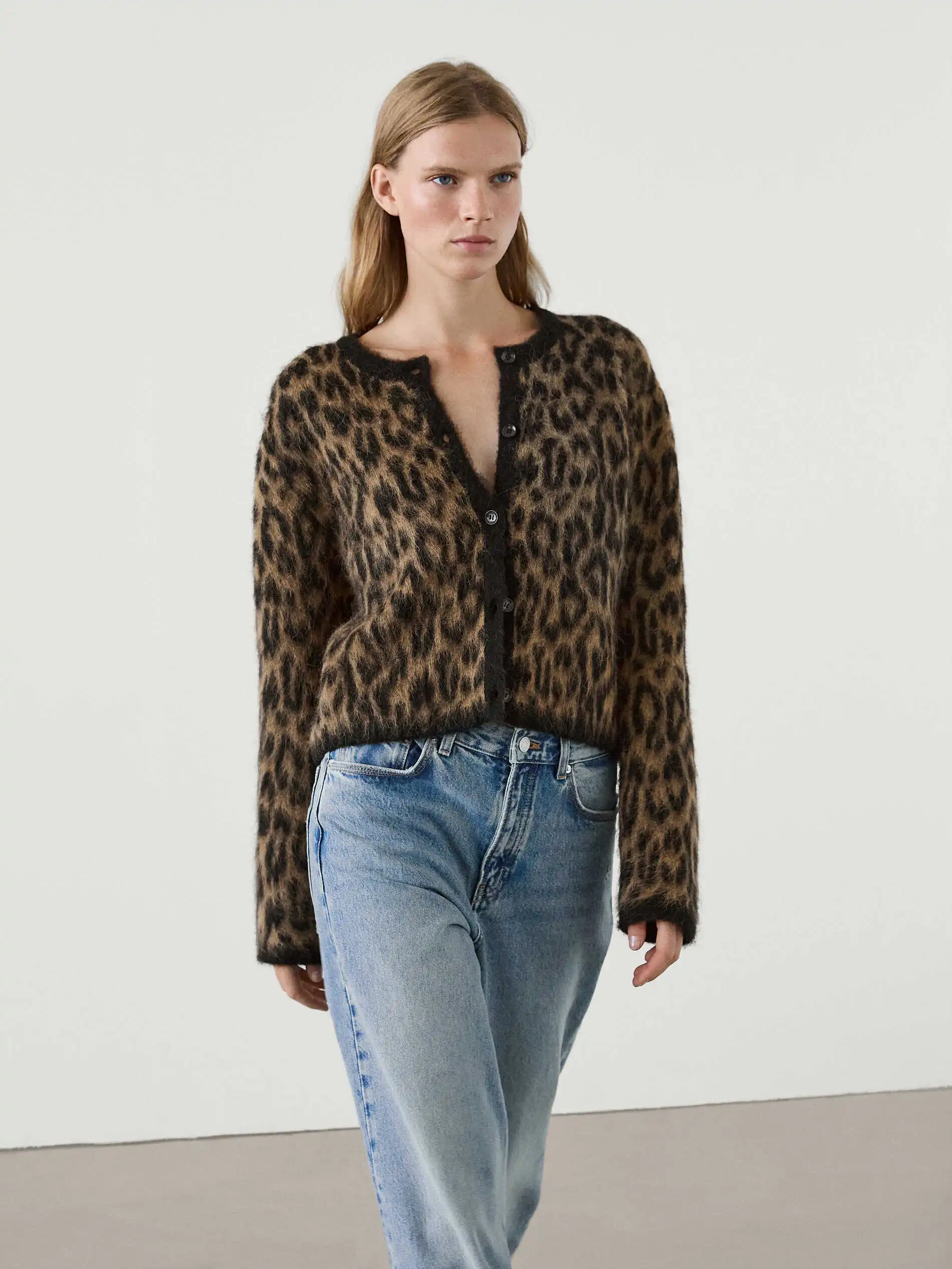 Ethereal Traf Md 2026 YAZHIMEI autumn new style of American vintage brown leopard print soft waxy round neck cardigan short coat