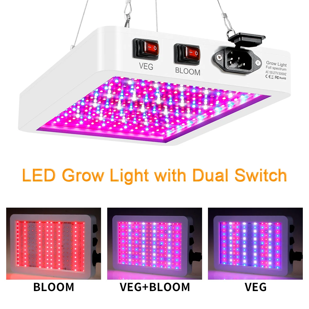 1000W LED Grow Light for Indoor Plants 216 LEDs Full Spectrum Veg and Bloom Dual Switch IP65 Waterproof Hanging Plant Growing