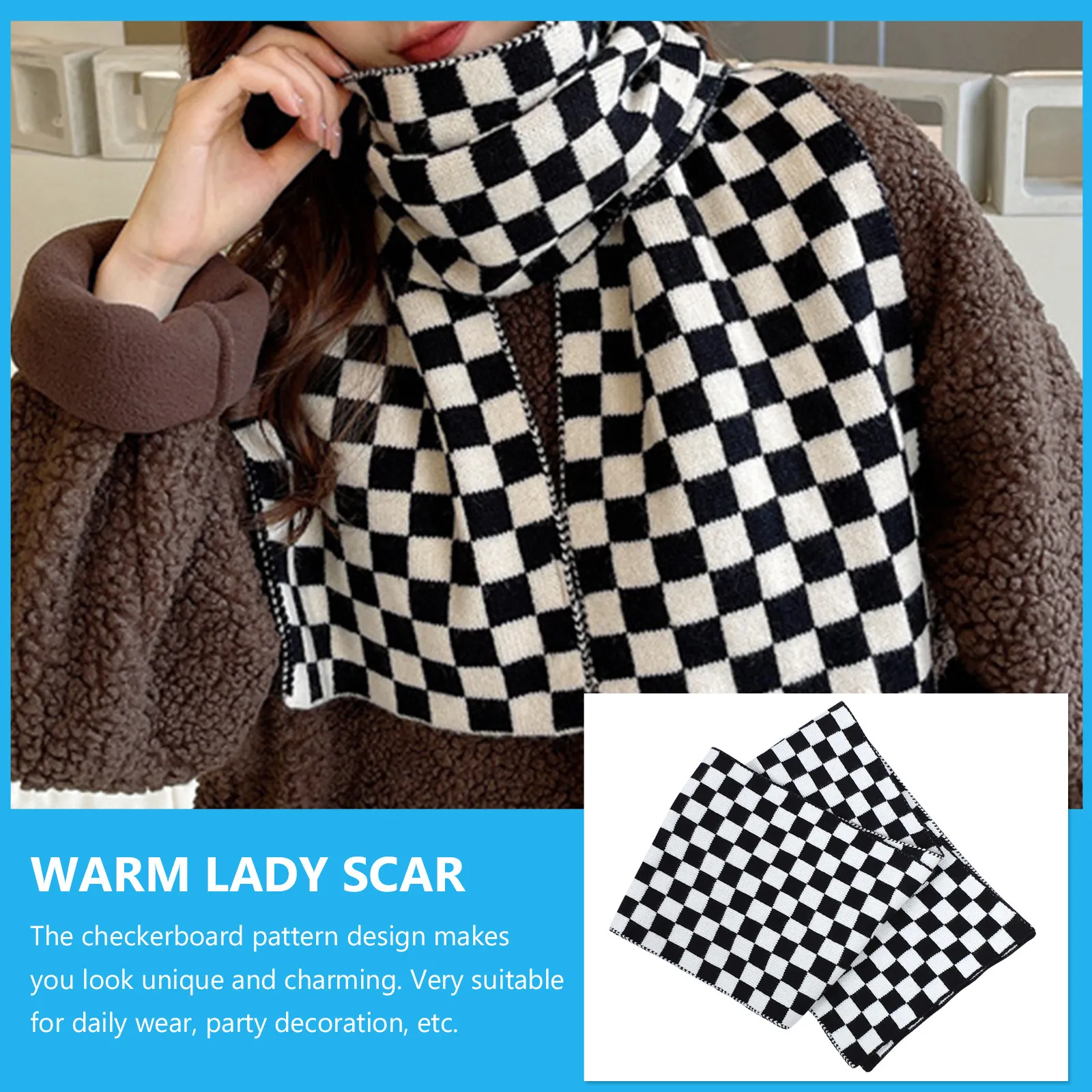 

1Pcs Printed Chessboard Scarf for Women Premium Wool Yarn Smooth Comfortable Scarf Stylish Headscarf Knot Twist Wrap Winter