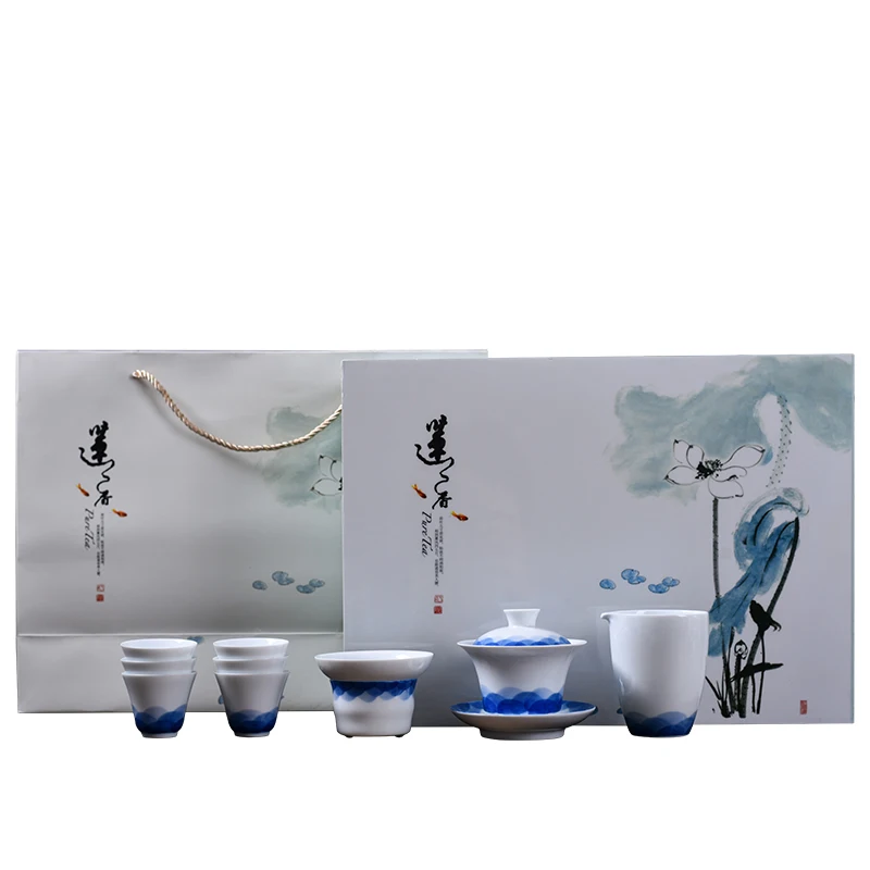 

Jingdezhen White Porcelain Blue-and-White Kung Fu Tea Set Modern Simple Household Three Talents Cover Bowl Tea Gift Boxes