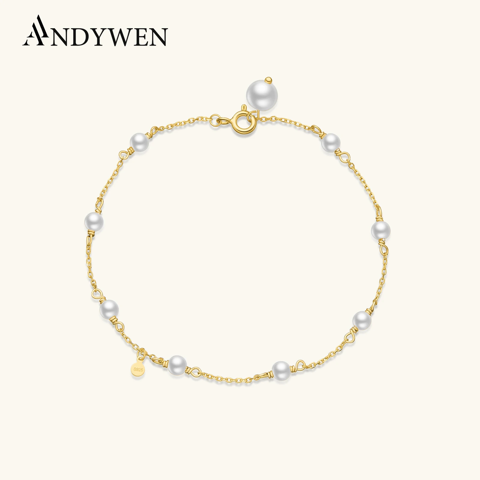 ANDYWEN 100% 925 Sterling Silver 4mm Pearl Chain Bracelet End Parts 6MM Peal Chain Women Silver Bracelet 2024 Spring Valentien's