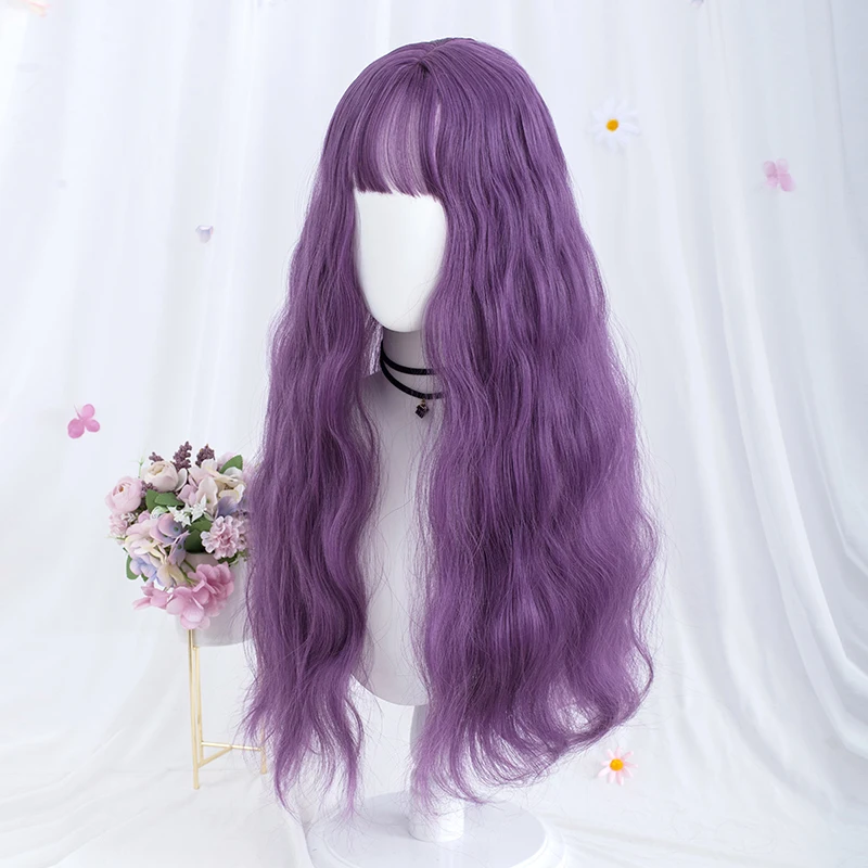 MSIWIGS Long Wavy Purple Cosplay Synthetic Wigs Lolita Halloween With Bangs for Women Party Dailly Heat Resistant Wig