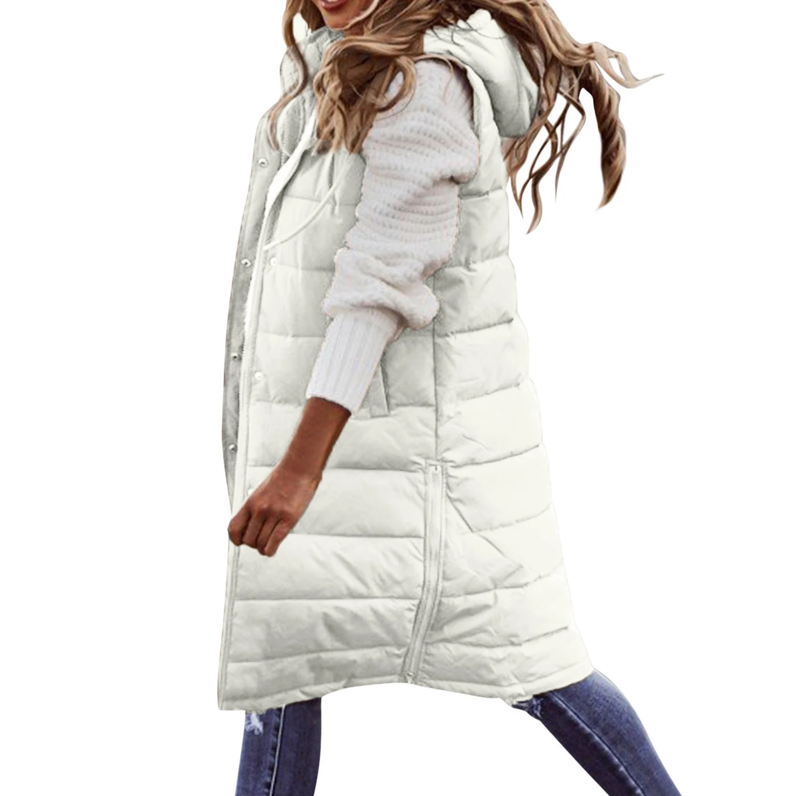 

Women's Vest Fashion Winter Faux Leather Padded Long Jacket Hooded Coat White Sleeveles Female Waistcoat Chic Clothes Tops