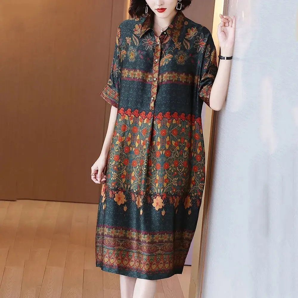 New Fashion and Leisure 2024 Summer Dress Women\'s Loose Polo Neck Printed Elegant Fragmented Flower Dress Women\'s Dress L95
