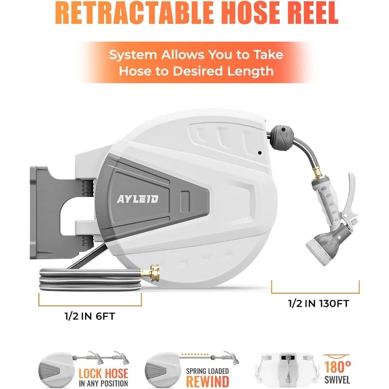 Ayleid Retractable Garden Hose Reel,1/2 in x 130 ft Wall Mounted Hose Reel, with 9- Function Sprayer Nozzle, Any Length Lock