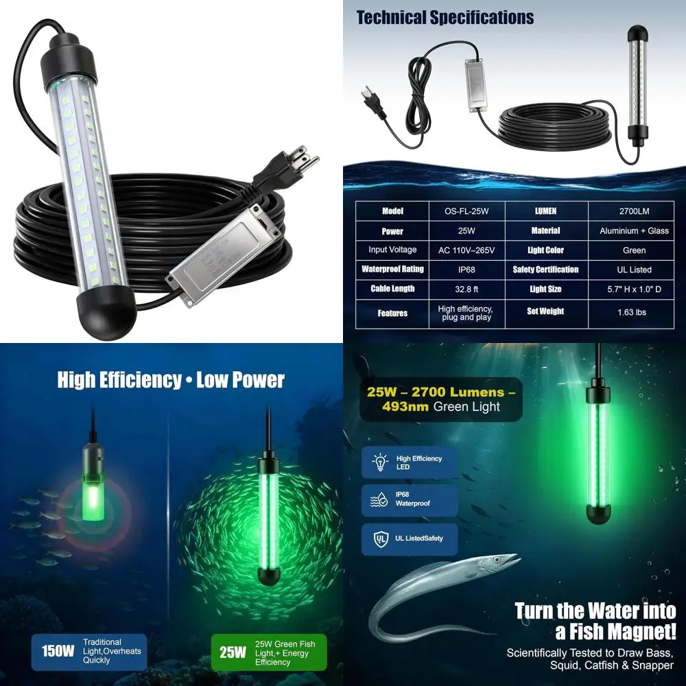 

Светодиодный рыболовный фонарь 25 Вт, 2700 лм, зеленый, водонепроницаемый IP68, погружной светильник для лодок, причалов и пирсов