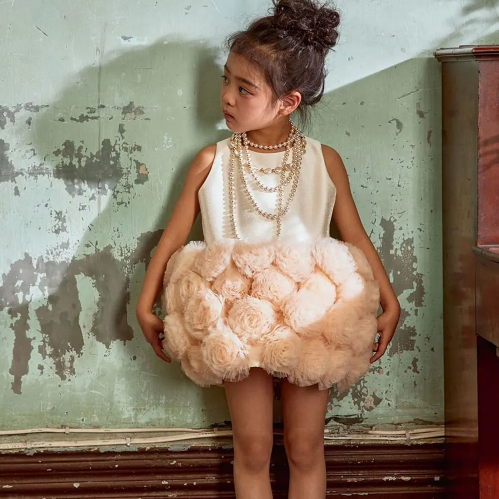 Mini robes à fleurs en Satin pour filles, Champagne, dubaï, fleurs faites à la main, pour bébés enfants, robe de fête d'anniversaire, de mariage, de concours