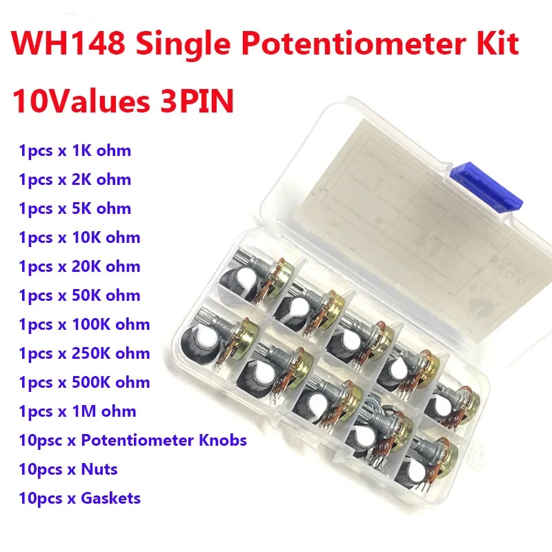 10PCS WH148 Single 15mmB1K/2K/5K/10K/20K/50K/100K/250K/500K/1M Potentiometer One Potentiometer for Each Specification with a Cap