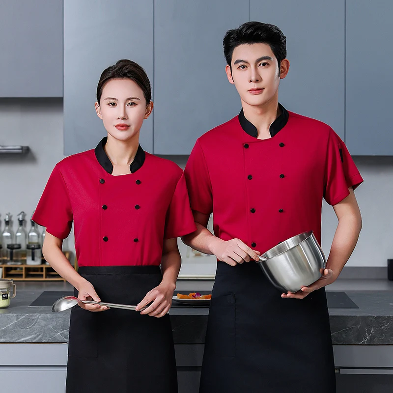 الرجال قصيرة الأكمام سترة الطاهي المطبخ العمل موحدة تنفس مطعم الشيف معطف المئزر الأبيض ملابس العمل الشيف السراويل الصيف