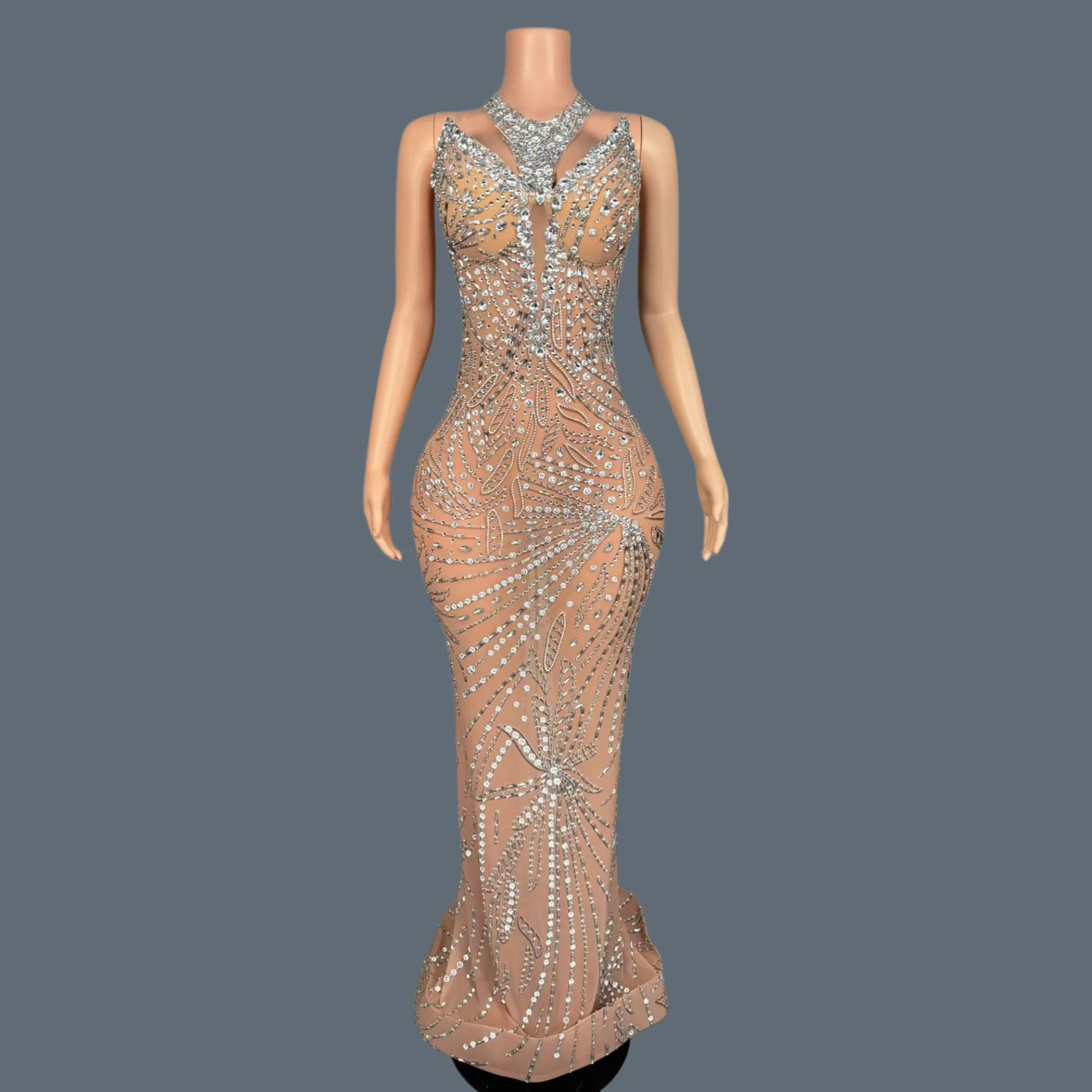 Sparkly Crystals Mesh Women Sexy Long Dresses Birthday Party Show Evening Gown Sexy Women Tight Fitting Prom Wedding Dress Fuyou