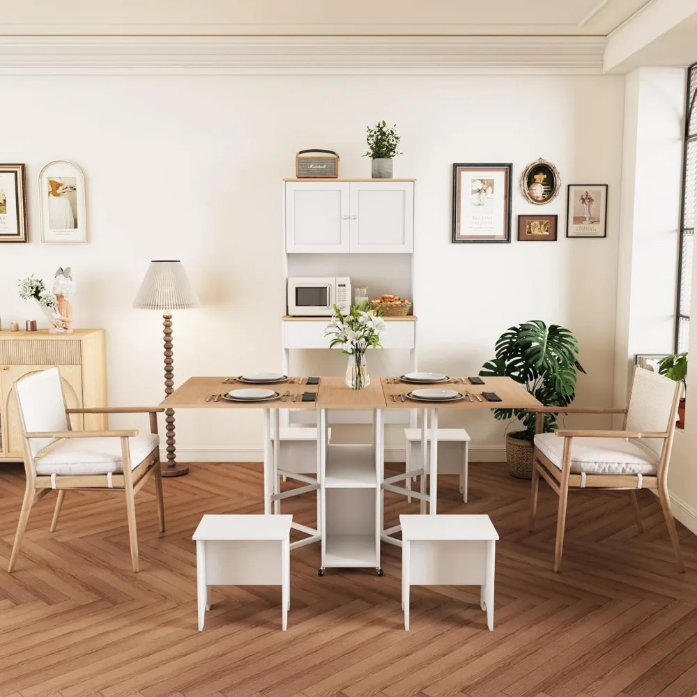 省スペースの木製ダイニングテーブルセット、折りたたみ機能付き、キッチン収納と電源コンセント用の背の高いサイドボードキャビネット付き