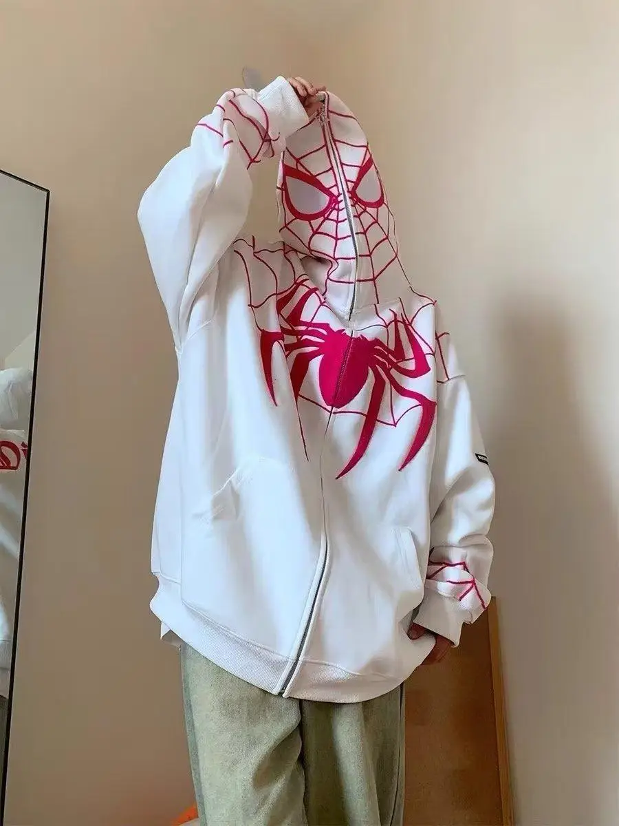 New Spider Web Red Hoodie Women Sweatshirt Zipper Warm Harajuku Punk Grunge Y2k Clothing Hip Hop Sweatshirt Hoodie Autumn Winter