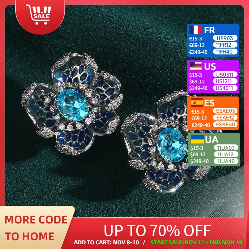 

Vintage Sea Blue Flower Earrings For Woman Stud Silver Color Luxury Jewelry Quality Designer Gifts Wedding New Trends In 2025