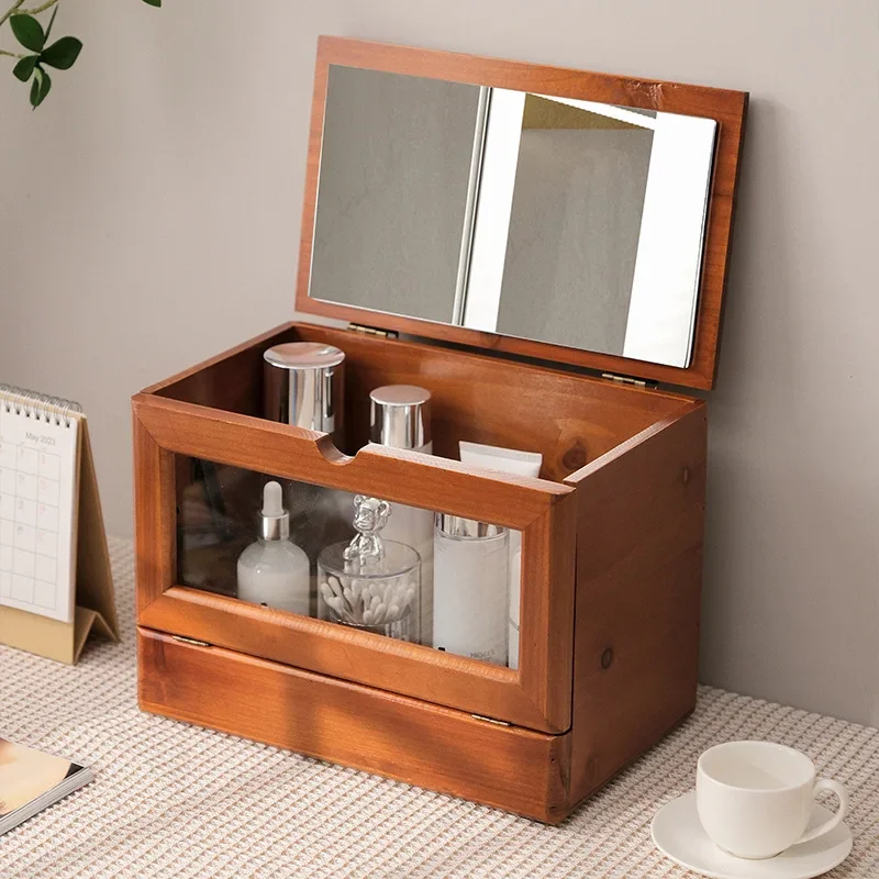 

Wooden retro desktop with mirror, vanity box, household dustproof, large-capacity cosmetics, solid wood storage box.